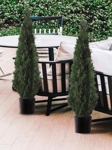 TRESIL (2 Pack) 4 Feet Tall Artificial Cedar Boxwood Topiary Tree in Black Planter