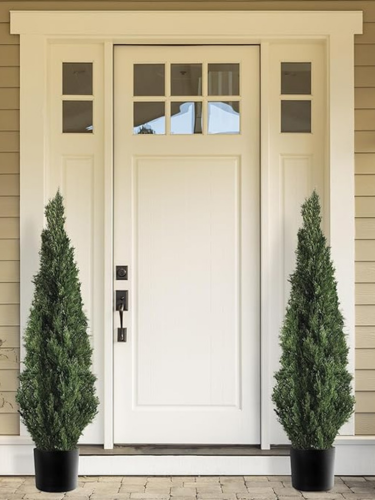 TRESIL (2 Pack) 4 Feet Tall Artificial Cedar Boxwood Topiary Tree in Black Planter