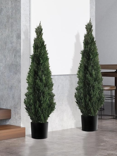 TRESIL (2 Pack) 4 Feet Tall Artificial Cedar Boxwood Topiary Tree in Black Planter