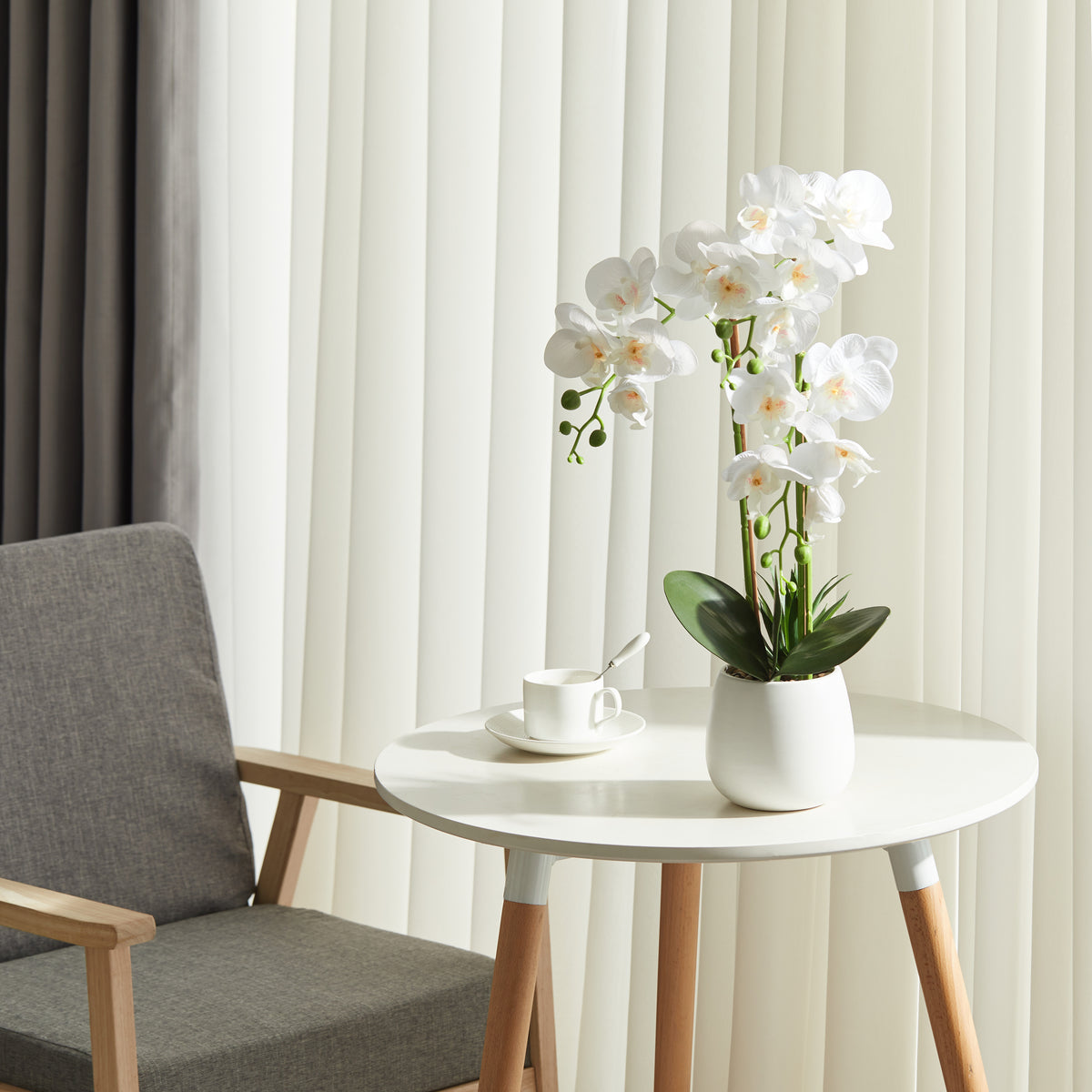 Faux White Orchid Flower in Ceramic Pot